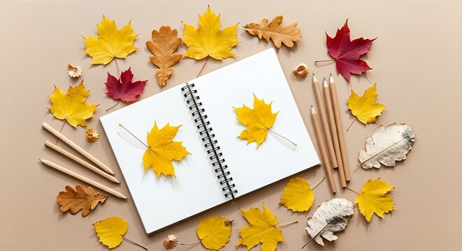 Spiral notebook surrounded by vibrant autumn leaves and pencils on a beige surface.