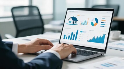 Close-up of businessman using a laptop with financial graphs, charts, and real estate analytics on screen. Modern office environment, data analysis and technology concept. - Powered by Adobe