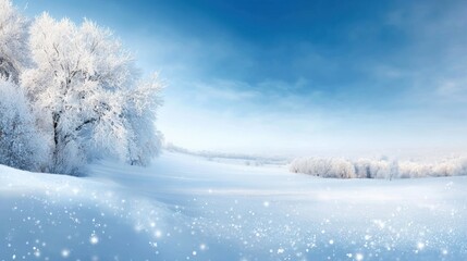 Vast snowy field with frosted trees and bright blue sky. Glittering snow sparkles in the sunlight creating calm winter mood
