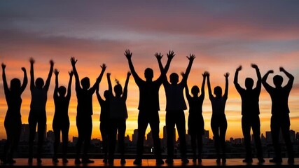 Silhouetted crowd raising arms at sunset, celebrating success and achievement