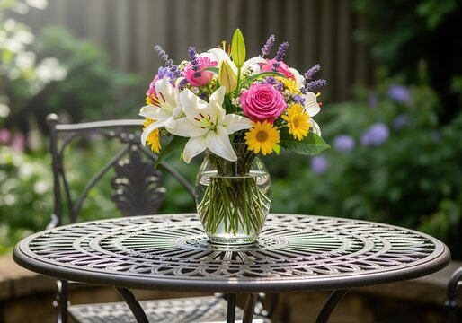 Colorful summer flower bouquet in a glass vase on an outdoor patio table. Fresh floral centerpiece with lilies, roses, and lavender in a garden setting