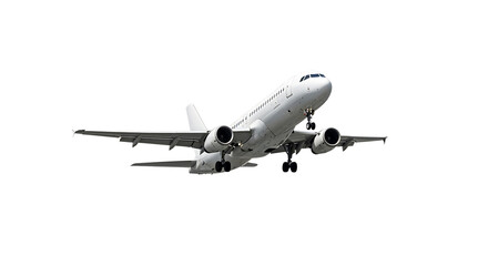 White passenger jet airplane, landing gear extended in flight 1, isolated on white or transparent background, AI