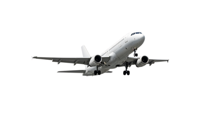White passenger jet airplane, landing gear extended in flight 1, isolated on white or transparent background, AI