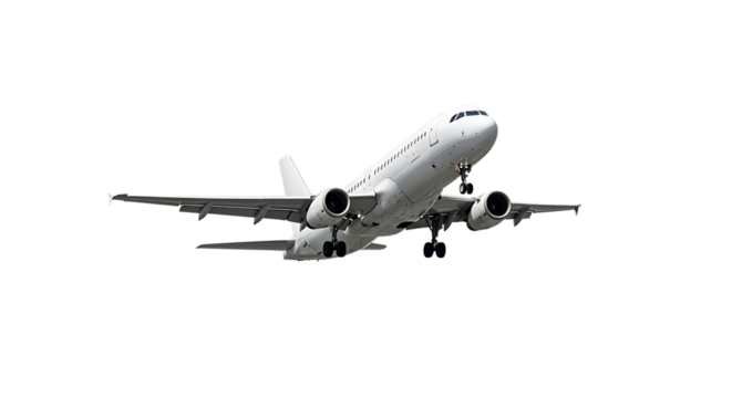 White passenger jet airplane, landing gear extended in flight 1, isolated on white or transparent background, AI - Powered by Adobe