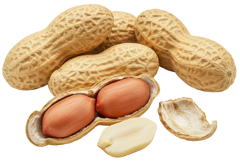 Close-up macro of raw peanuts in textured light brown shells, one broken open revealing unroasted kernels, one partially peeled against a transparent background. Concept of natural purity and