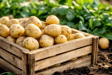 Fresh potatoes in a wooden crate, harvest concept