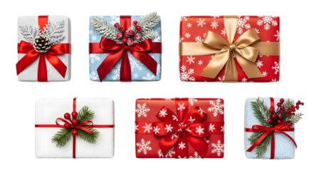 Collection of six beautifully wrapped christmas gifts with red and gold ribbons, pine cones, and holly berries