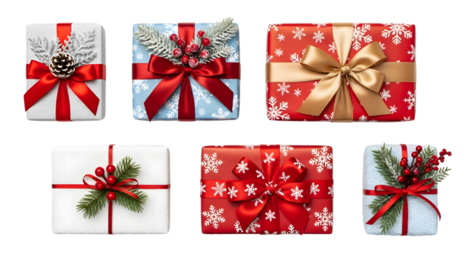 Collection of six beautifully wrapped christmas gifts with red and gold ribbons, pine cones, and holly berries