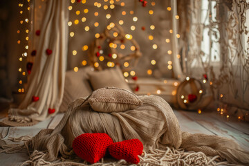 bedroom interior with garlands and hearts, romance, valentine's day