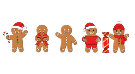 Five gingerbread man cookies with christmas hats and candy cane
