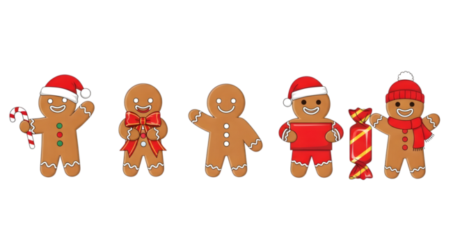 Five gingerbread man cookies with christmas hats and candy cane