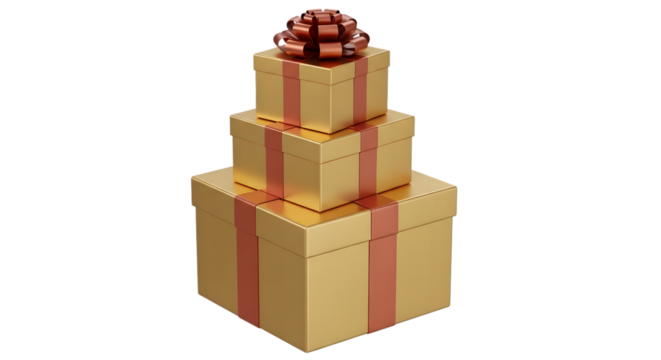 Stack of three golden gift boxes with red ribbon and bow