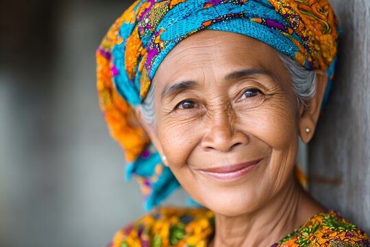 Smiling elderly asian woman wearing colorful headscarf