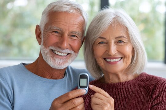 Senior couple smiling and holding blood glucometer device