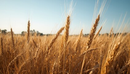 Fototapeta premium Golden Grain, Sunlit Sky A Gentle Breeze Through Fields of Amber, Wheat.