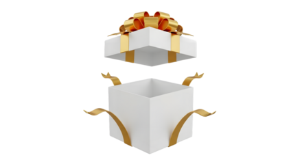 An open white gift box with a gold ribbon and bow, revealing an empty interior, isolated on a transparent background