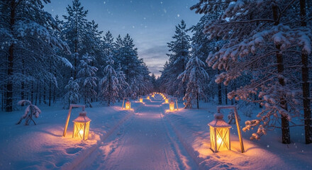Enchanting winter wonderland path illuminated by glowing lanterns, creating a magical journey through a snow-covered forest at twilight
