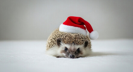 Cute little hedgehog donning a festive red Santa hat, playfully posing for the holidays, spreading pure joy with its delightful, whiskered face and gentle seasonal spirit