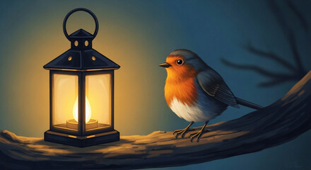 Enchanting twilight scene featuring a curious robin perched on a tree branch, bathed in the gentle, inviting light of a classic, glowing lantern