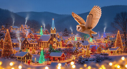 Whimsical barn owl in silent, swift flight over a charming, snow-covered winter village, glowing warmly with festive holiday lights under a starlit magical night