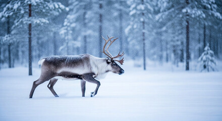 A majestic reindeer takes a serene journey through a pristine, snow-covered winter forest, its gentle movement like a soft whisk across the frosty landscape