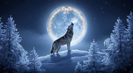 An ethereal winter's dream, where a lone wolf's powerful howl echoes through frost-kissed trees, beneath a magnificently glowing moon, a magical moment whisked into the silent night