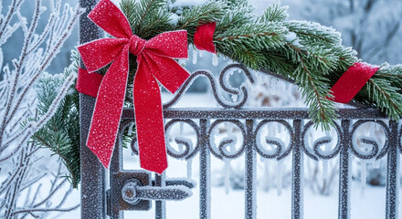 Elegant wrought iron gate adorned with a vibrant red bow and lush green pine wreath, beautifully frosted by a winter wonderland snowscape, symbolizing festive cheer and seasonal charm
