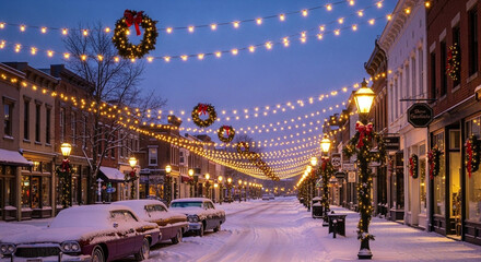 Enchanting snowy main street illuminated by warm festive holiday lights and decorative wreaths, creating a magical winter evening atmosphere perfect for seasonal celebrations