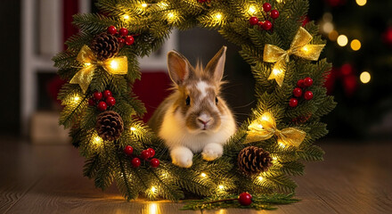A charming fluffy bunny with expressive whiskers peeking from a festive holiday wreath, adorned with glowing lights and vibrant berries, capturing the spirit of seasonal joy