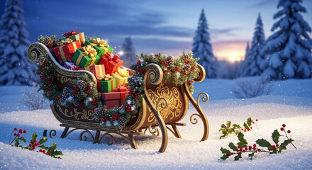 Magical Christmas Sleigh Overflowing with Festive Presents in a Serene Winter Wonderland at Sunset