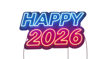 Bright neon sign text happy 2026 glowing with blue and pink lights isolated on transparent background