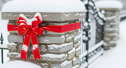 Elegant red bow adorning a snow-covered stone gate pillar, adding a festive and welcoming touch to a serene winter landscape during the holiday season