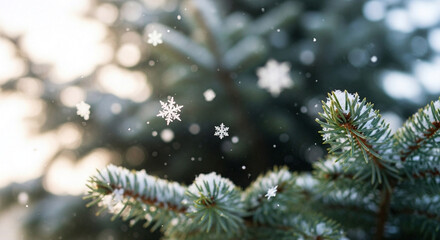Delicate snowflakes gently descend upon the frosty needles of a vibrant evergreen tree, creating a serene and picturesque winter scene under soft sunlight, evoking holiday cheer and natural beauty