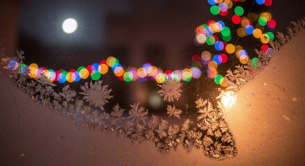 Dreamy Winter Night View Colorful Bokeh Lights Shine Through a Frosted Window Adorned with Delicate Ice Crystals and a Subtle Moon