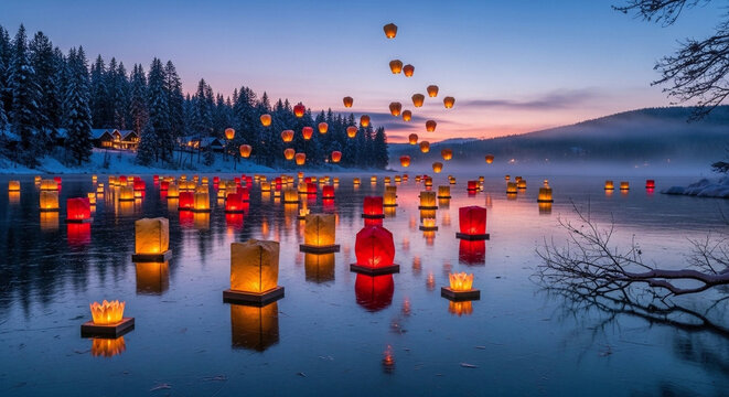 Enchanting winter light festival with glowing lanterns floating on a tranquil, icy lake and ascending into the twilight sky amidst a snowy forest landscape
