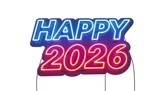 Bright neon sign text happy 2026 glowing with blue and pink lights isolated on transparent background