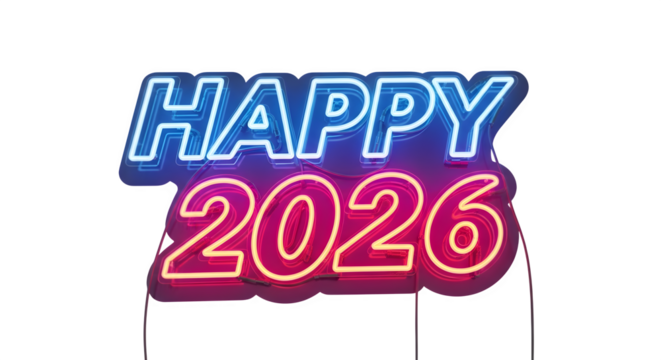Bright neon sign text happy 2026 glowing with blue and pink lights isolated on transparent background - Powered by Adobe