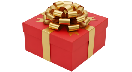 A vibrant red gift box with a large golden bow, isolated on a transparent background, perfect for celebrations and special occasions
