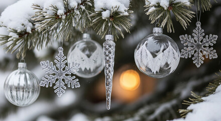 Sparkling delicate frosted Christmas ornaments gracefully adorn a snow-covered pine branch, creating a serene winter wonderland scene with a soft glowing background