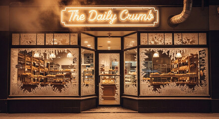 A warmly lit bakery storefront, 'The Daily Crumbs', invites customers to savor freshly baked delights, a testament to the artisan's whisk and oven