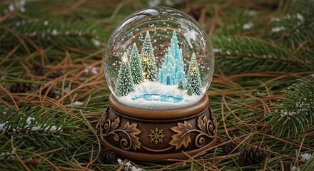 Enchanting winter wonderland within a snow globe, a magical miniature castle scene gently whisked into festive delight amidst fragrant pine needles