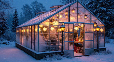 Enchanting Winter Wonderland A Glowing Greenhouse Filled with Holiday Cheer and Festive Lights Under a Snowy Sky, Creating a Cozy Seasonal Retreat