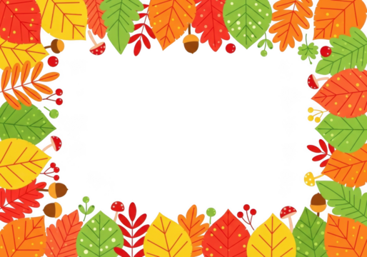 Colorful autumn leaves and berries forming a border around a white copy space isolated on transparent background
