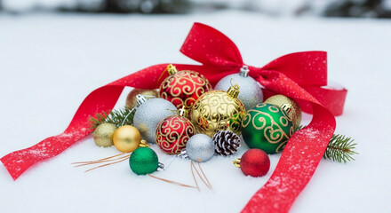 Vibrant Christmas Baubles and a Scarlet Ribbon Grace a Pristine Snow Blanket, Symbolizing the Heartwarming Joy and Festive Spirit of the Winter Holiday Season