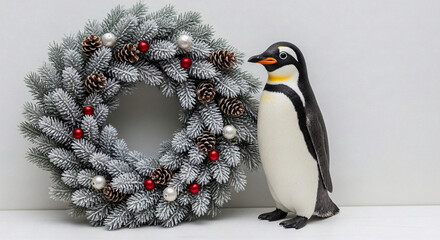 Elegant seasonal arrangement showcasing a beautiful snow-dusted Christmas wreath alongside an adorable penguin sculpture, embodying winter cheer for festive decorations
