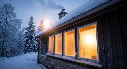 A rustic cabin nestled in a serene winter wonderland, its windows glowing with warm light, creating a cozy and inviting refuge on a cold snowy evening