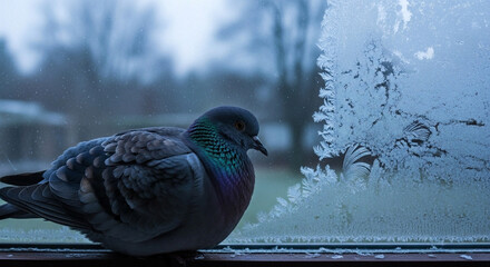 A pigeon rests on a frosty window ledge, observing the serene, cold winter morning with intricate ice patterns adorning the glass, conveying a sense of quiet solitude and natural beauty
