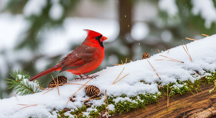 Vibrant Northern Cardinal Perched on Snow-Kissed Branch in Winter Wonderland A Striking Red Bird Against a Delicate Flurry of White Nature