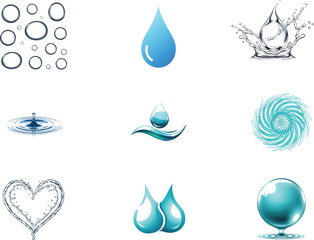 Collection of abstract artistic designs featuring water droplets fingerprints and geometric shapes in blue tones