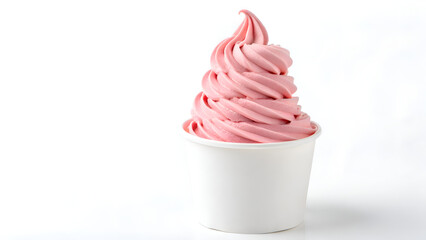 Delicious pink frozen yogurt swirl in a simple white cup, perfect for a refreshing treat or healthy dessert promotion that evokes summertime bliss